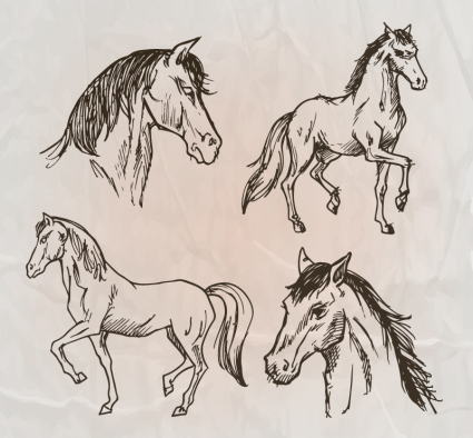 4 hand-painted horse design vector material
