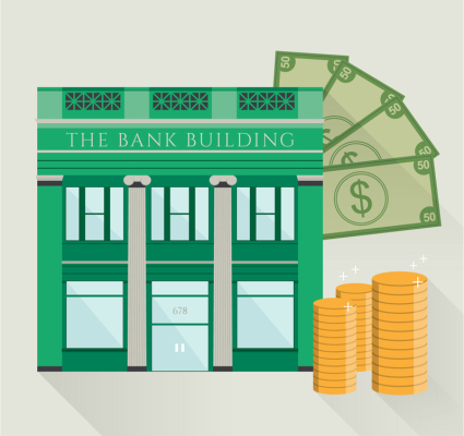 Bank building and currency design vector material