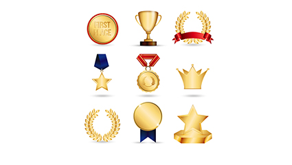 9 golden trophies and medals vector material