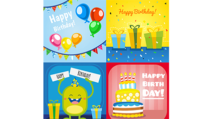 4 cartoon birthday square card vector material