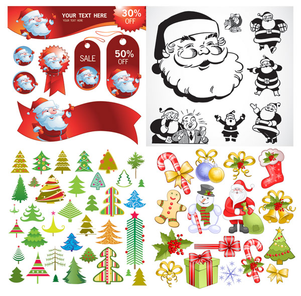 Santa Claus, tag, crutches, bow, socks, snowflake vector 